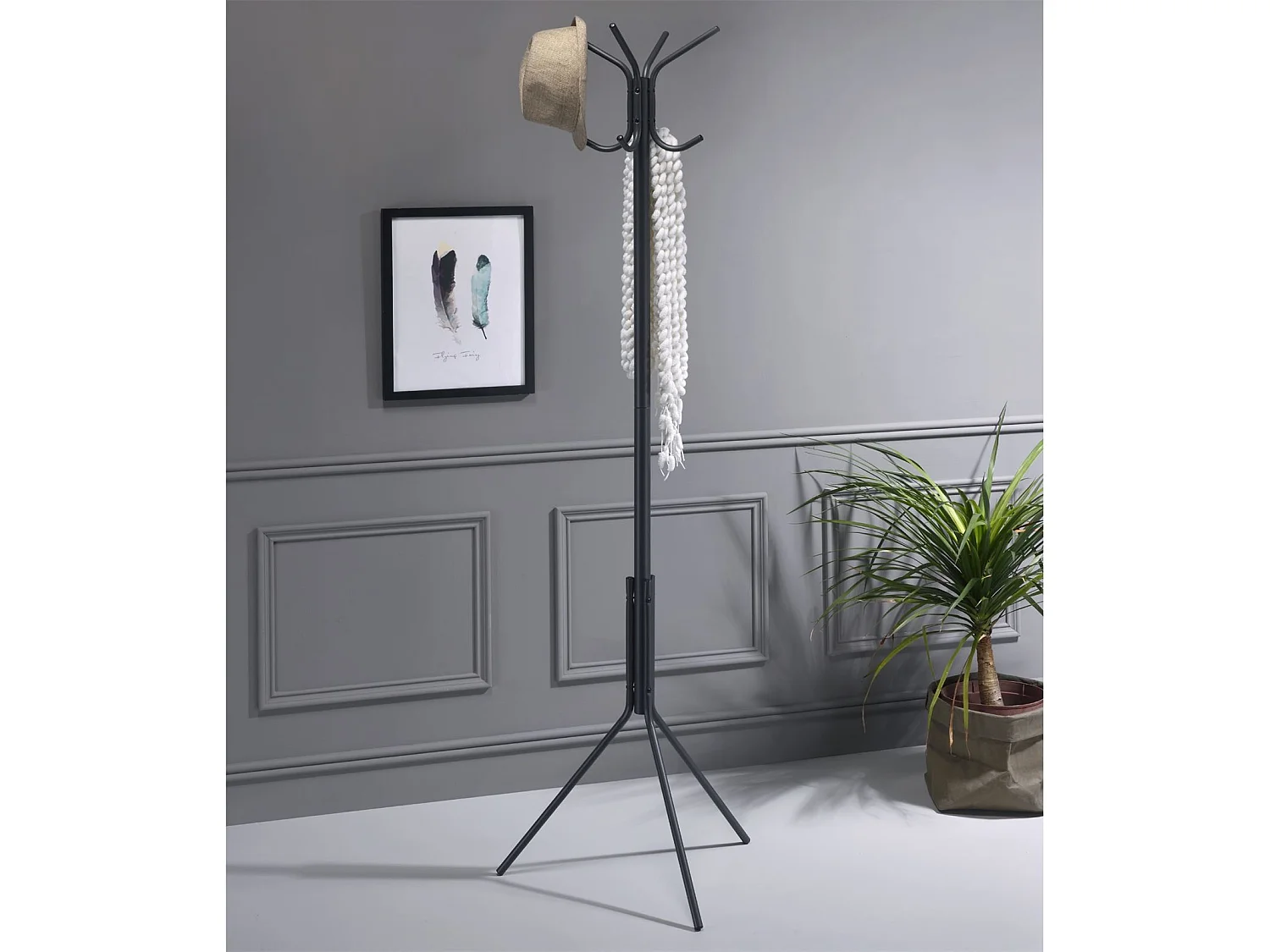 Porte-manteaux ARIST portant pour vêtements sur pied hauteur 174 cm avec 8 crochets, meuble d'entrée en métal laqué gris