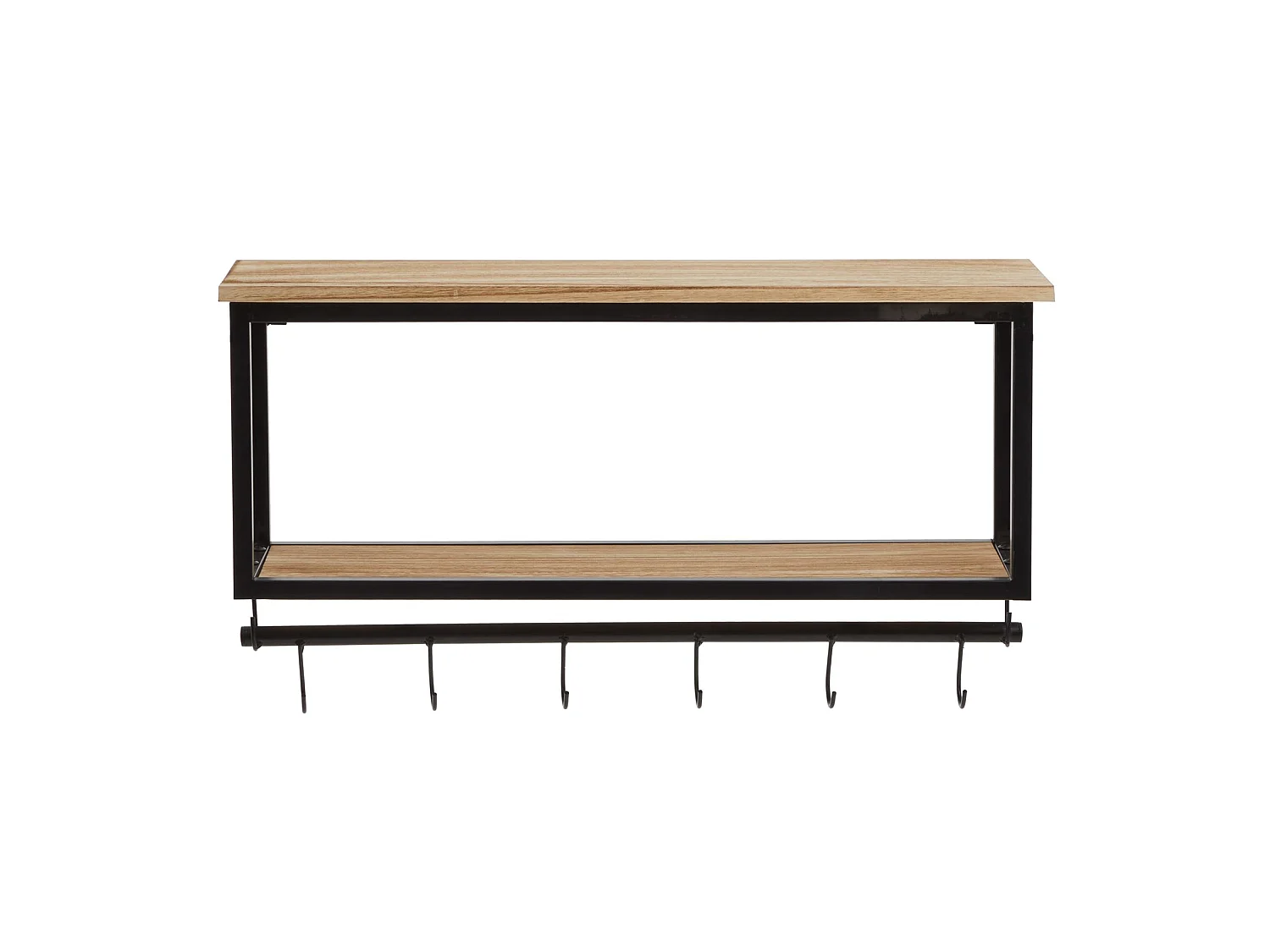 Porte-manteaux mural ARMANDO avec 2 étagères de rangement en bois et 6 patères crochets sur tringle, cadre en métal noir