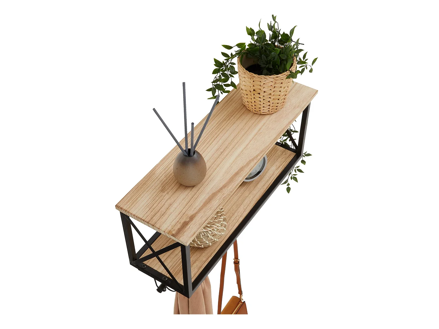 Porte-manteaux mural ARMANDO avec 2 étagères de rangement en bois et 6 patères crochets sur tringle, cadre en métal noir