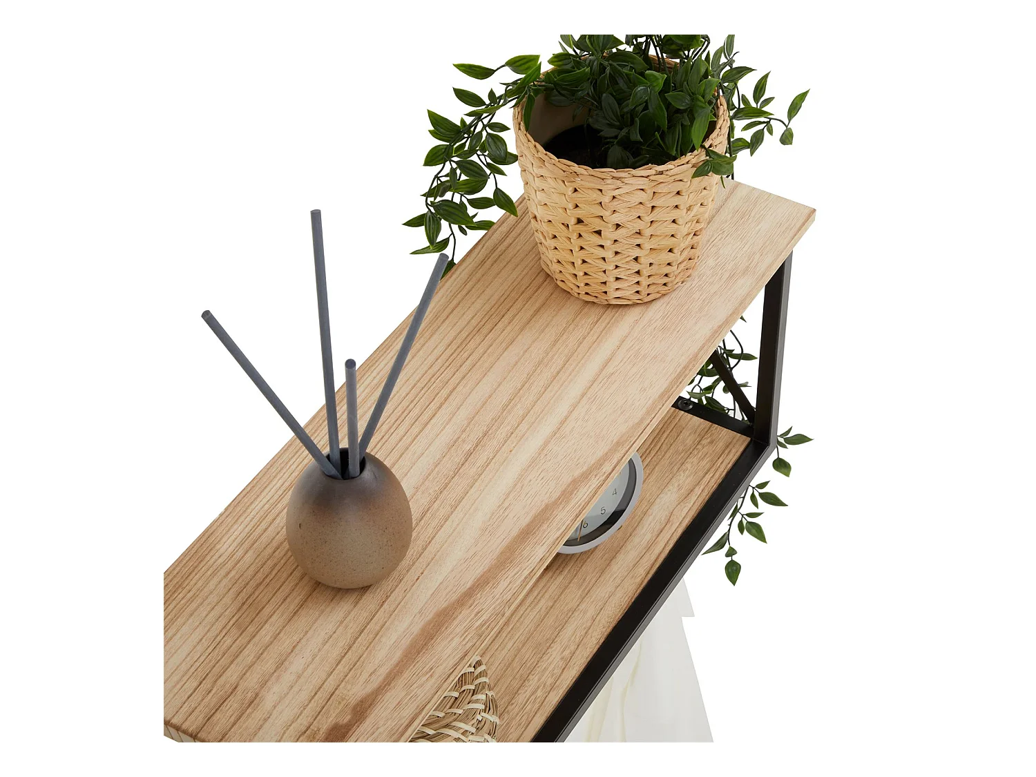 Porte-manteaux mural ARMANDO avec 2 étagères de rangement en bois et 6 patères crochets sur tringle, cadre en métal noir