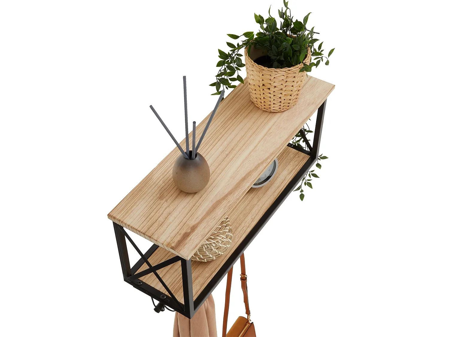 Porte-manteaux mural ARMANDO avec 2 étagères de rangement en bois et 6 patères crochets sur tringle, cadre en métal noir