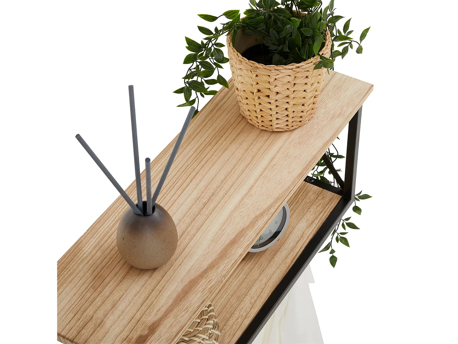 Porte-manteaux mural ARMANDO avec 2 étagères de rangement en bois et 6 patères crochets sur tringle, cadre en métal noir