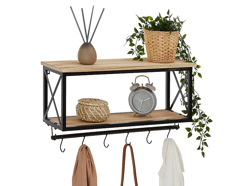 Porte-manteaux mural ARMANDO avec 2 étagères de rangement en bois et 6 patères crochets sur tringle, cadre en métal noir