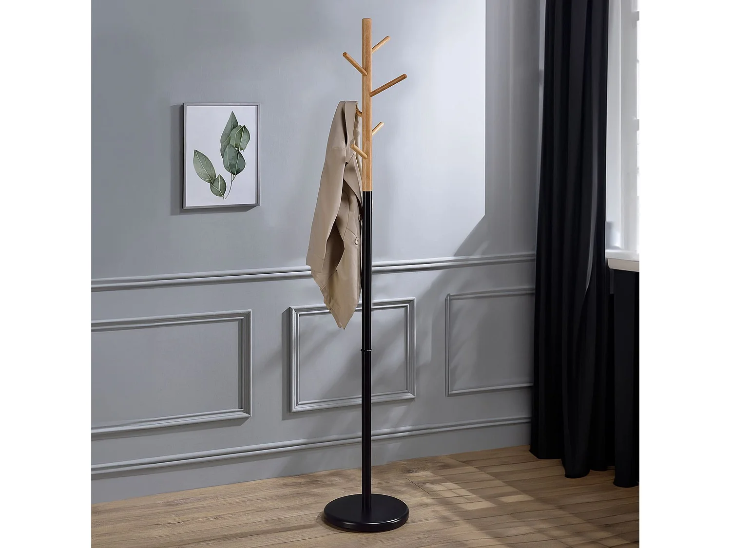 Porte-manteaux ENRICO portant à vêtements sur pied en forme d'arbre avec 6 crochets, en métal laqué noir et bois