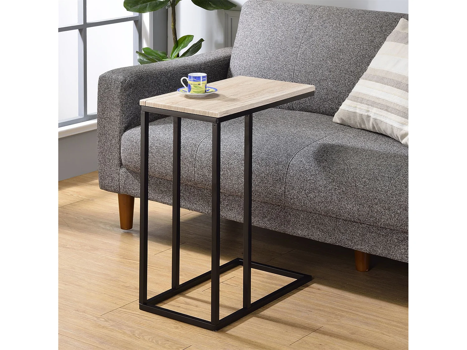 Bout de canapé DEBORA table d'appoint table à café table basse de salon cadre en métal noir et plateau en MDF décor chêne sauvage