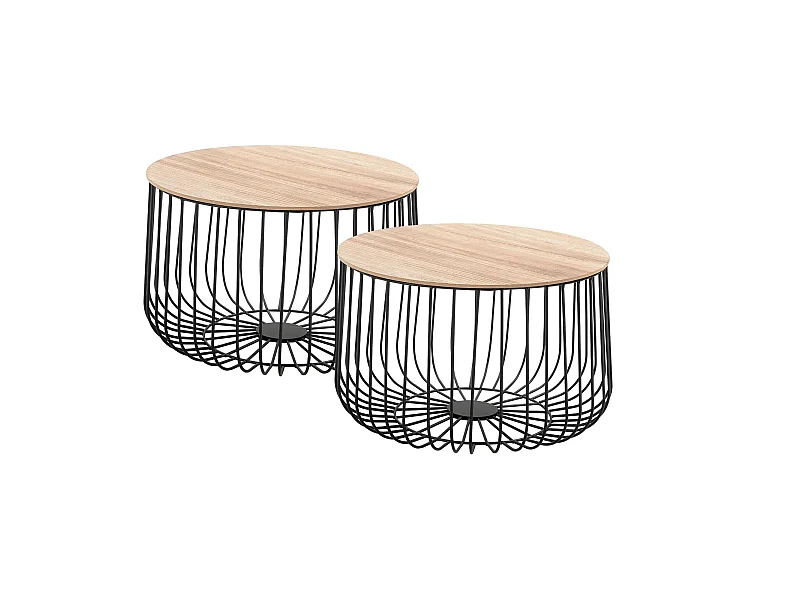 Lot de 2 tables d'appoint PADOVA paniers en métal tables à café tables basses rondes bouts de canapé vintage décor bois naturel