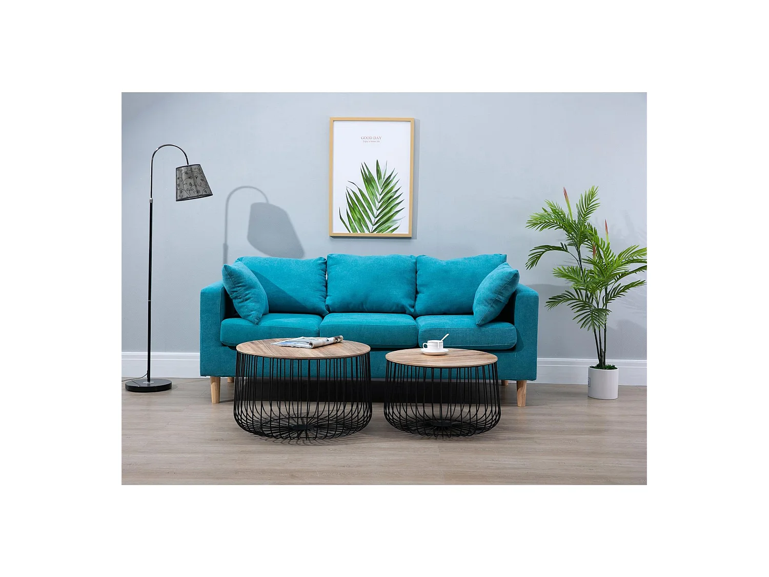 Lot de 2 tables d'appoint PADOVA paniers en métal tables à café tables basses rondes bouts de canapé vintage décor bois naturel