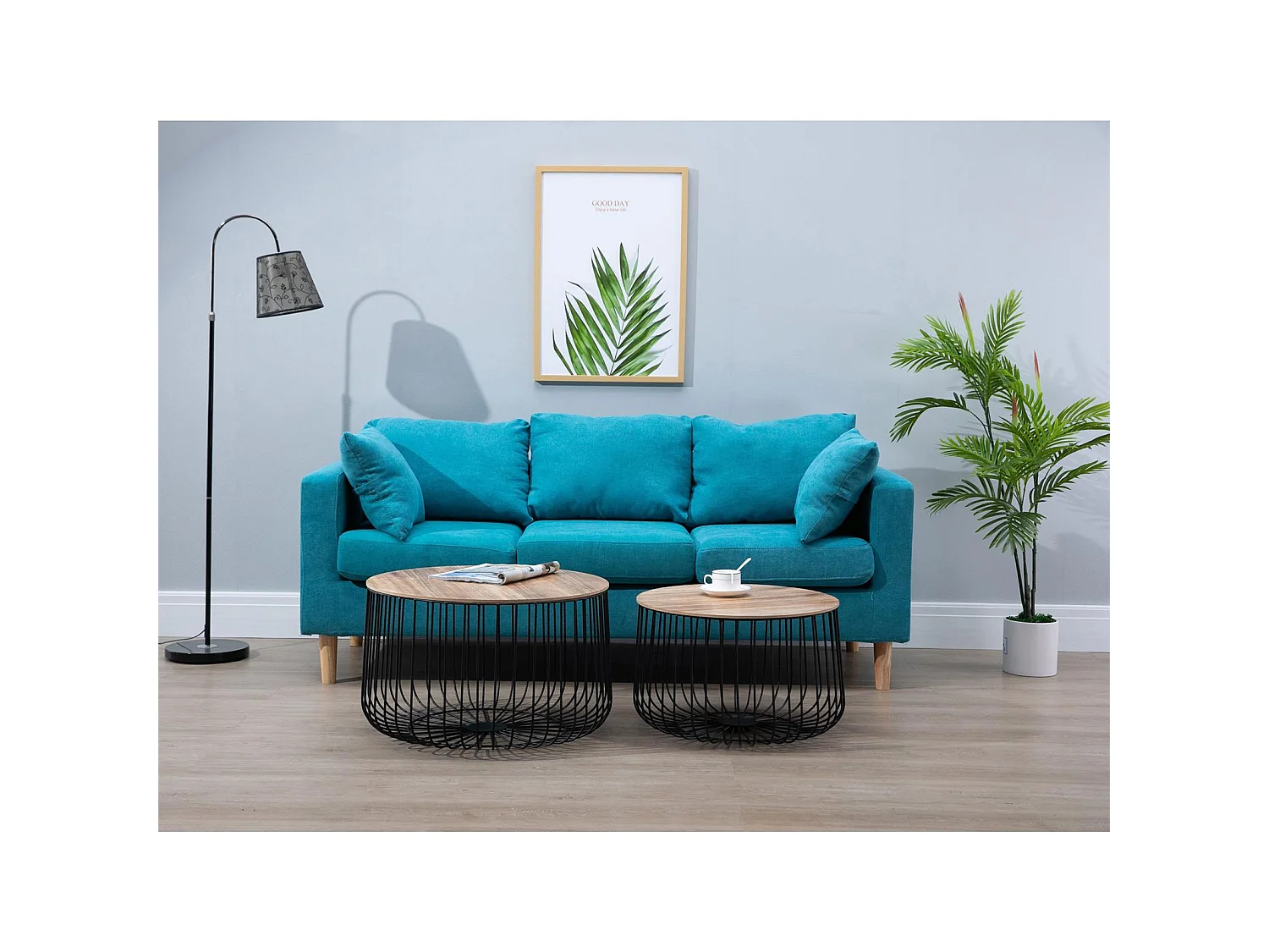 Lot de 2 tables d'appoint PADOVA paniers en métal tables à café tables basses rondes bouts de canapé vintage décor bois naturel