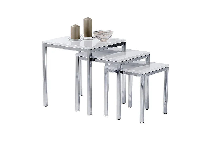 Lot de 3 tables d'appoint LUNA tables basses de salon gigognes bouts de canapé plateau carré blanc brillant et cadre en métal chromé