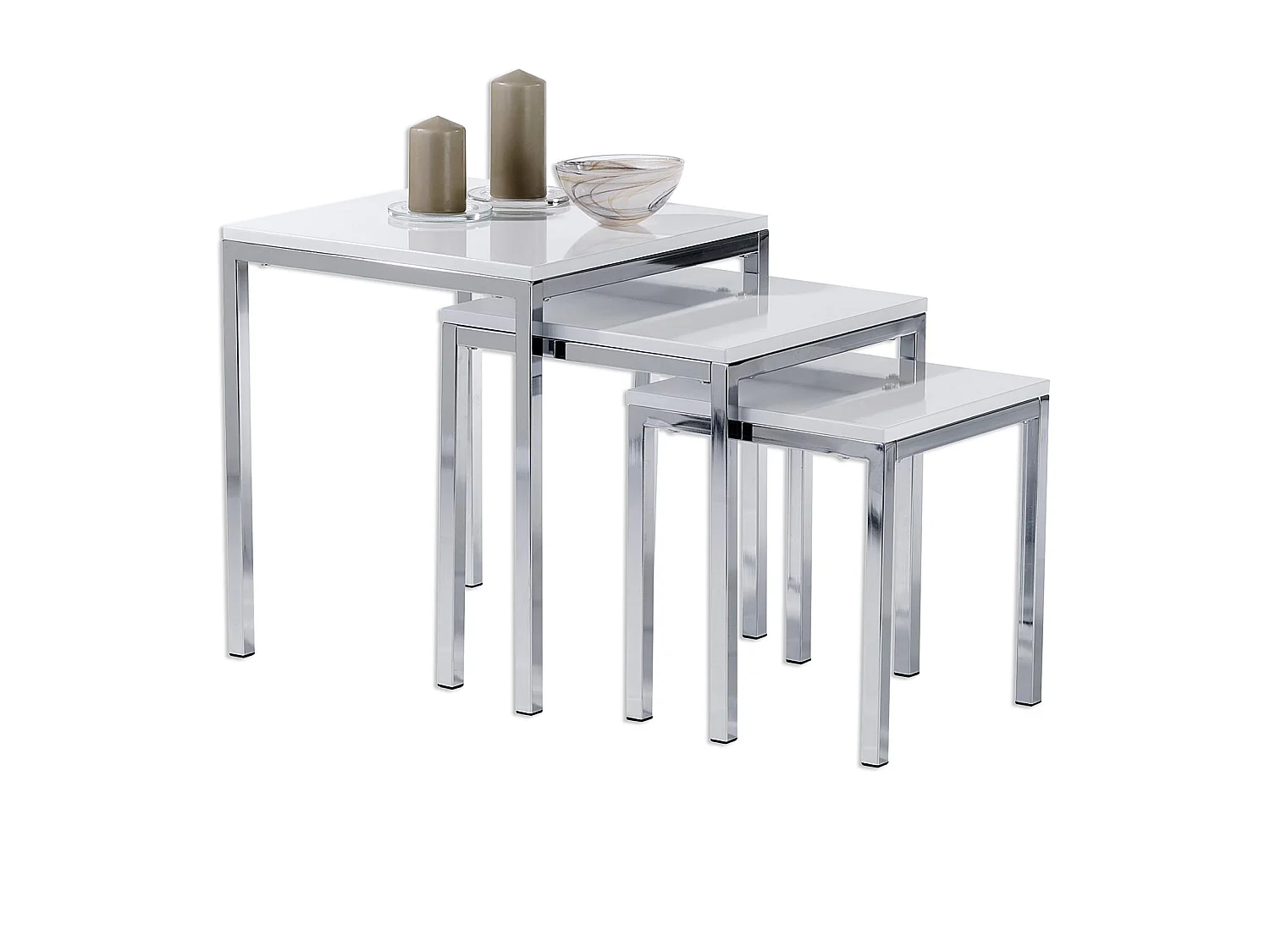 Lot de 3 tables d'appoint LUNA tables basses de salon gigognes bouts de canapé plateau carré blanc brillant et cadre en métal chromé
