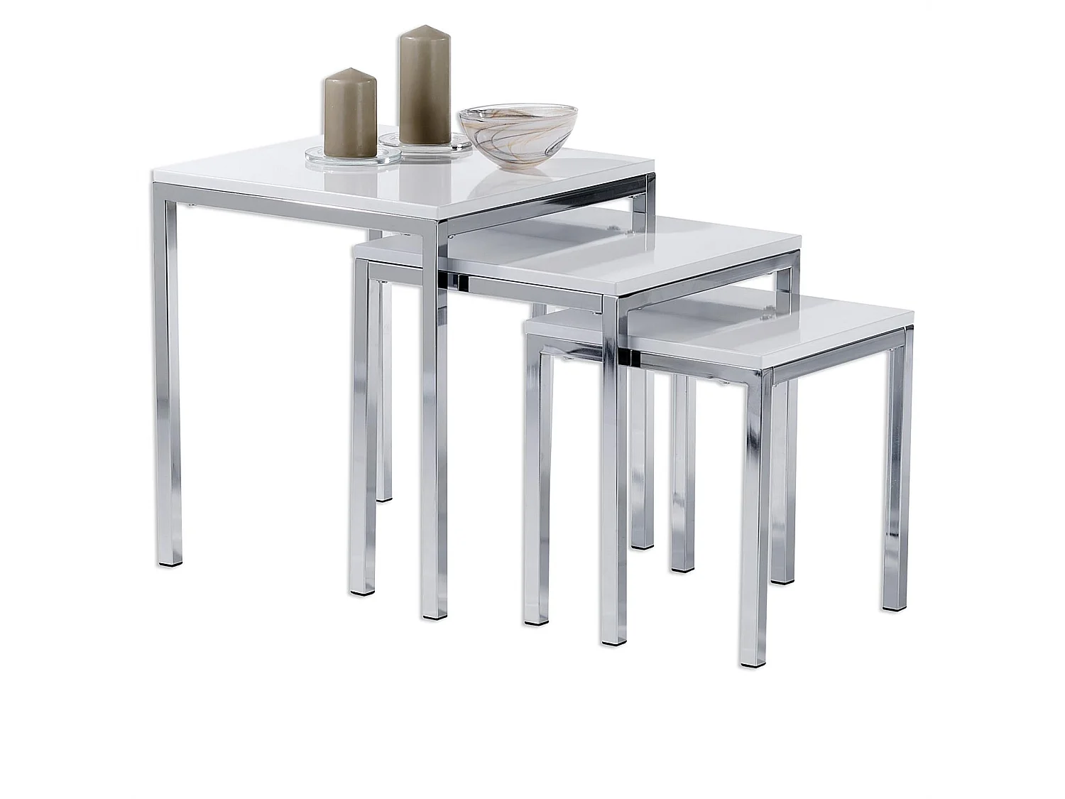 Lot de 3 tables d'appoint LUNA tables basses de salon gigognes bouts de canapé plateau carré blanc brillant et cadre en métal chromé