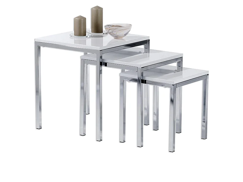 Lot de 3 tables d'appoint LUNA tables basses de salon gigognes bouts de canapé plateau carré blanc brillant et cadre en métal chromé