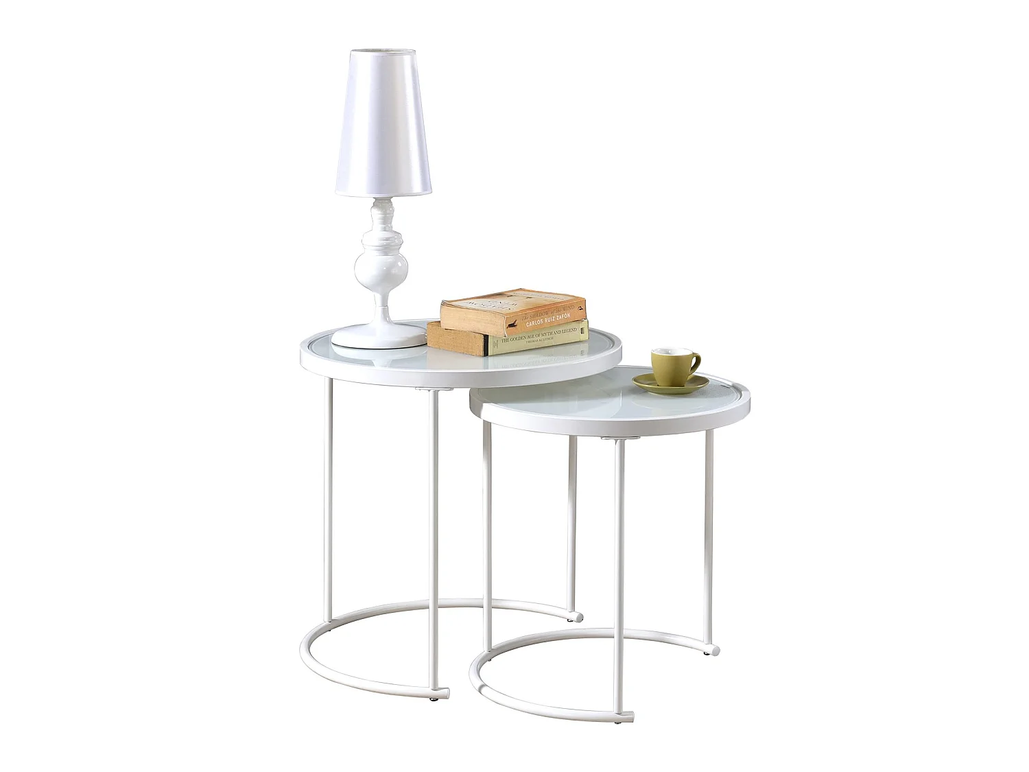 Lot de 2 tables d'appoint LEYRE tables basses gigognes, tables à café design industriel, plateau rond en verre et cadre métal