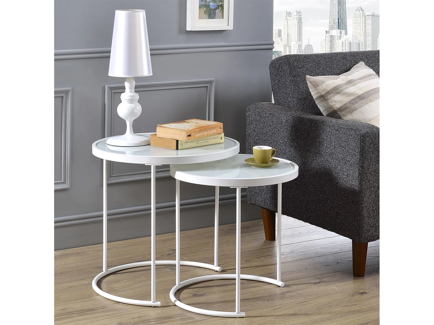 Lot de 2 tables d'appoint LEYRE tables basses gigognes, tables à café design industriel, plateau rond en verre et cadre métal