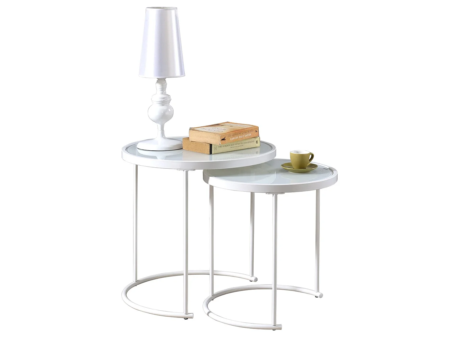 Lot de 2 tables d'appoint LEYRE tables basses gigognes, tables à café design industriel, plateau rond en verre et cadre métal