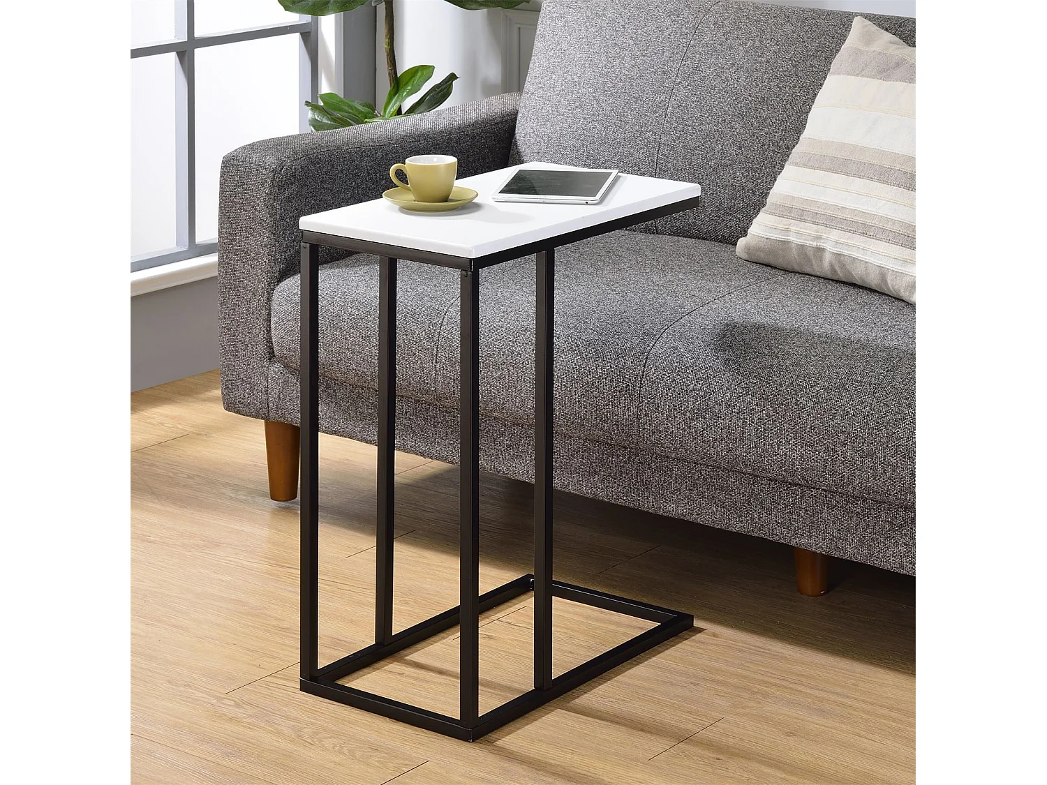 Bout de canapé DEBORA table d'appoint table à café table basse de salon cadre en métal noir plateau rectangulaire en MDF blanc mat