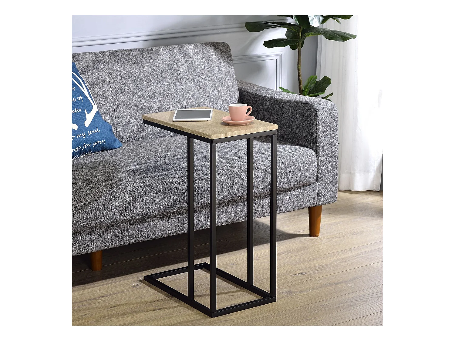 Bout de canapé DEBORA table d'appoint table à café table basse de salon cadre en métal noir et plateau en MDF décor chêne sonoma