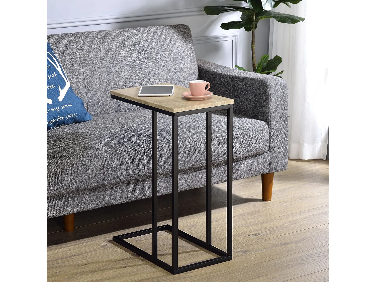 Bout de canapé DEBORA table d'appoint table à café table basse de salon cadre en métal noir et plateau en MDF décor chêne sonoma