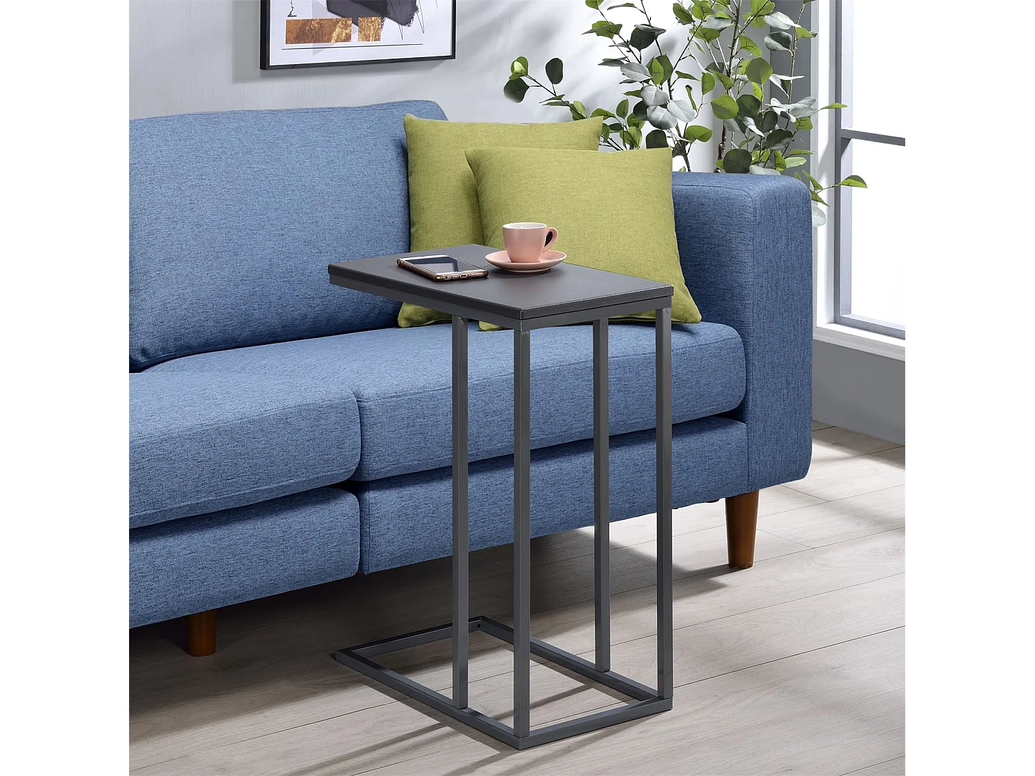 Bout de canapé DEBORA table d'appoint table à café table basse de salon cadre en métal gris et plateau rectangulaire en MDF gris mat