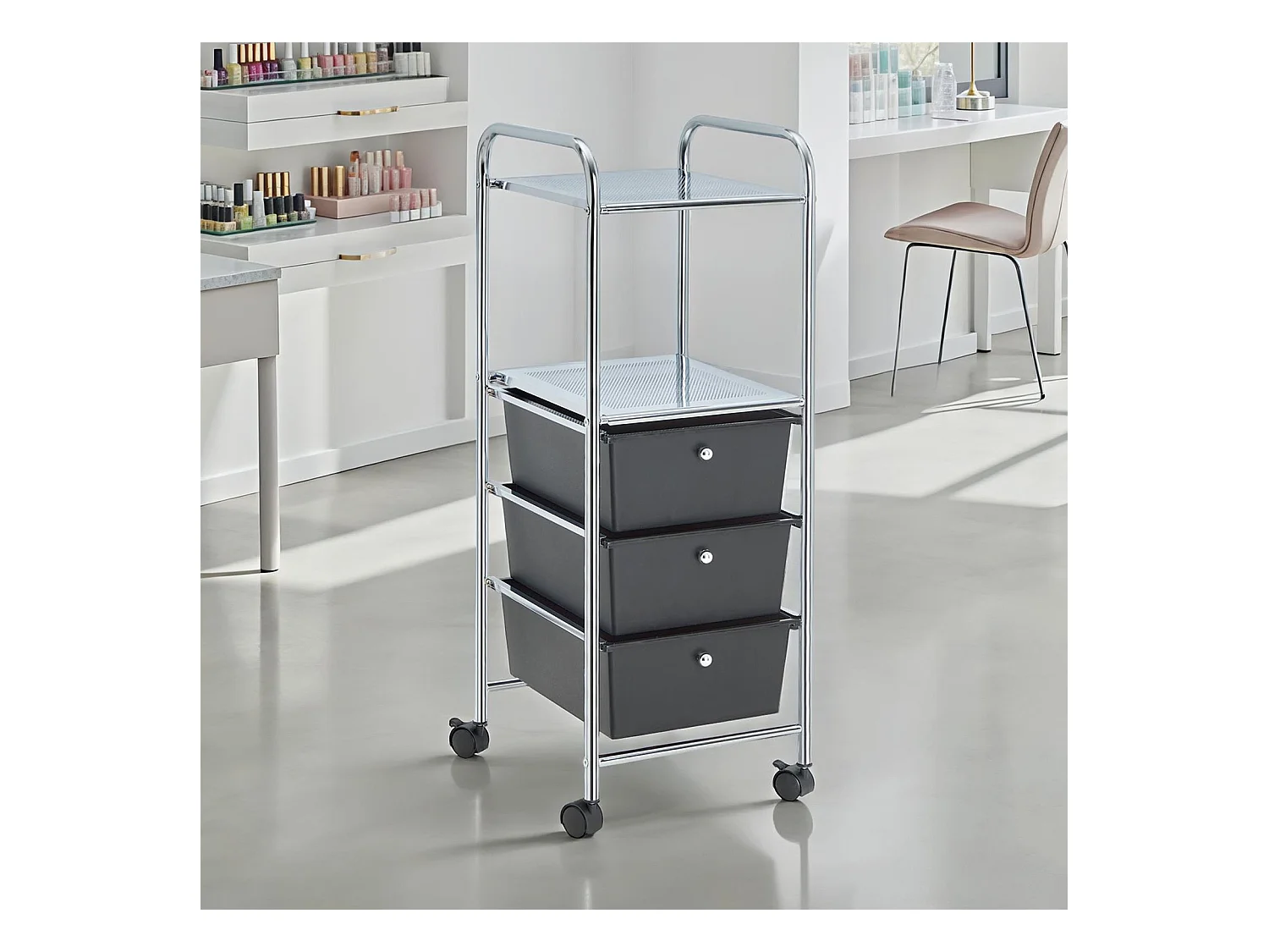 Caisson sur roulettes GINA chariot avec 3 tiroirs en plastique noir et 2 étagères, meuble de rangement pour salle de bain en métal