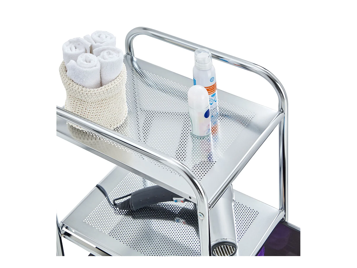 Caisson sur roulettes GINA chariot avec 3 tiroirs en plastique noir et 2 étagères, meuble de rangement pour salle de bain en métal