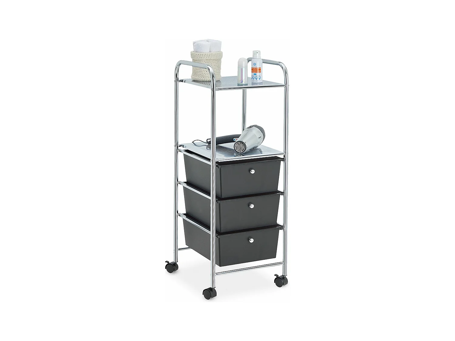 Caisson sur roulettes GINA chariot avec 3 tiroirs en plastique noir et 2 étagères, meuble de rangement pour salle de bain en métal