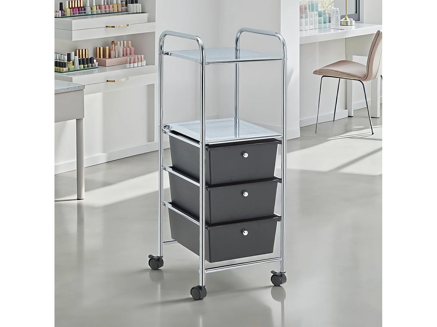 Caisson sur roulettes GINA chariot avec 3 tiroirs en plastique noir et 2 étagères, meuble de rangement pour salle de bain en métal