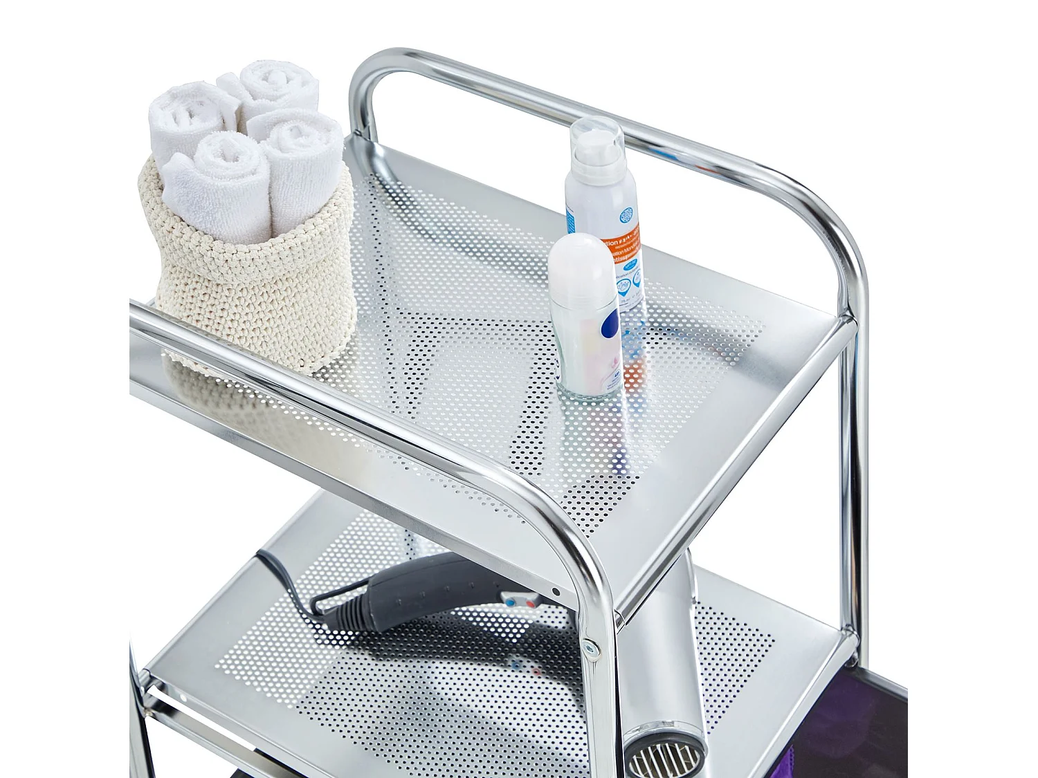 Caisson sur roulettes GINA chariot avec 3 tiroirs en plastique noir et 2 étagères, meuble de rangement pour salle de bain en métal