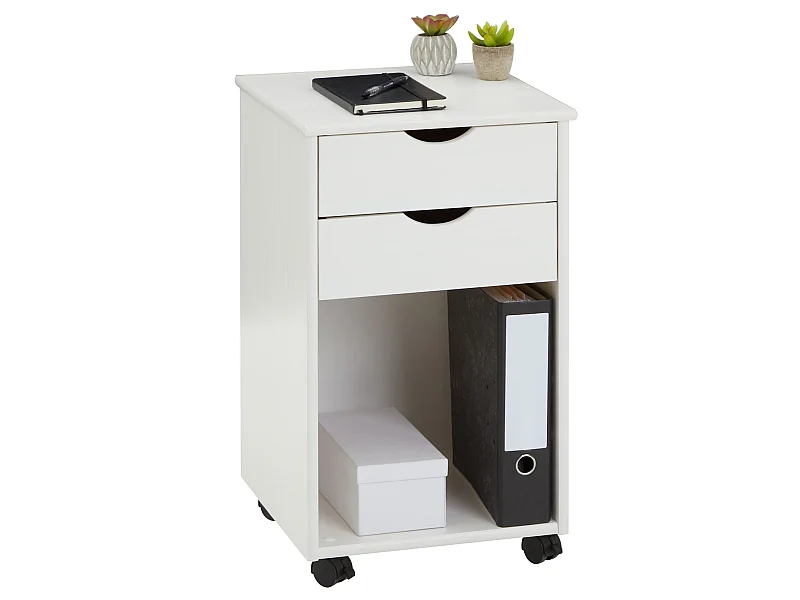 Caisson de bureau KANO, meuble de rangement sur roulettes avec 2 tiroirs et 1 niche, en pin massif lasuré blanc