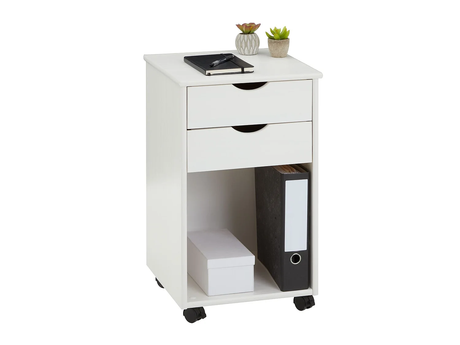 Caisson de bureau KANO, meuble de rangement sur roulettes avec 2 tiroirs et 1 niche, en pin massif lasuré blanc