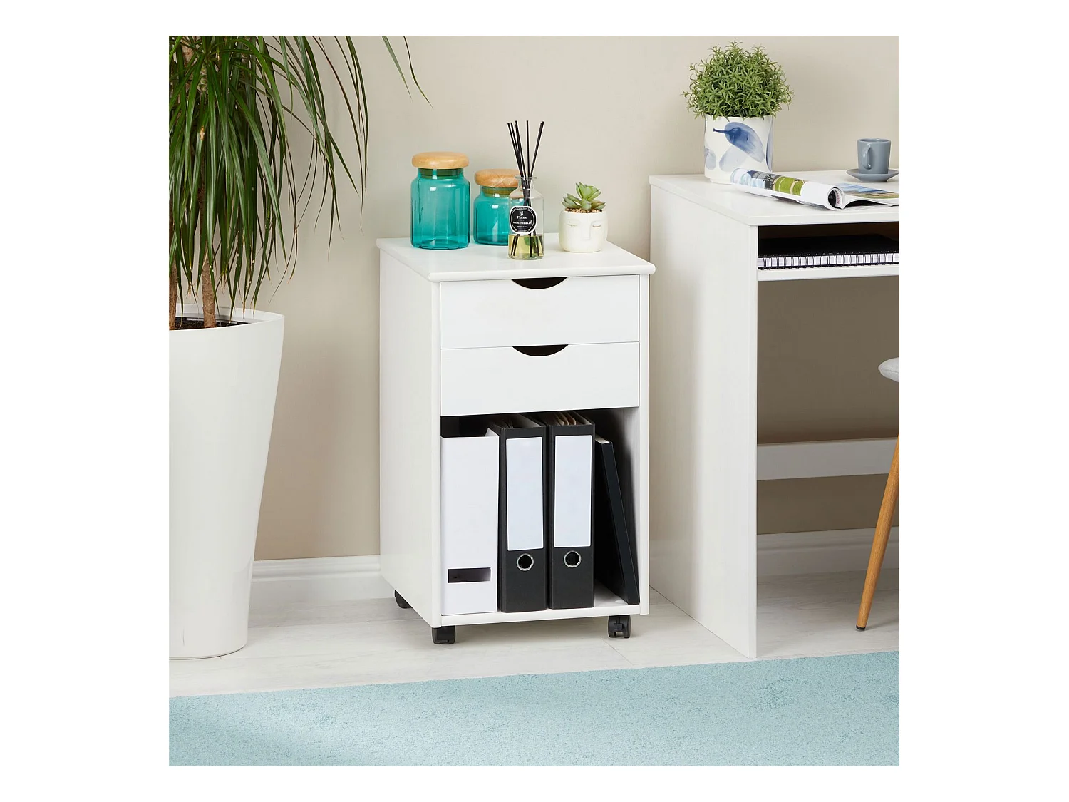 Caisson de bureau KANO, meuble de rangement sur roulettes avec 2 tiroirs et 1 niche, en pin massif lasuré blanc