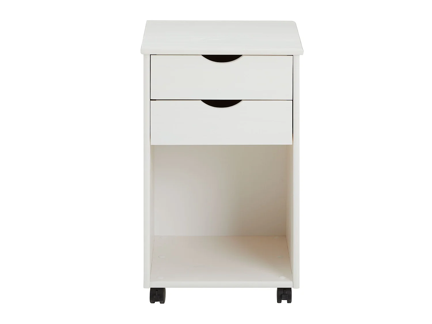 Caisson de bureau KANO, meuble de rangement sur roulettes avec 2 tiroirs et 1 niche, en pin massif lasuré blanc