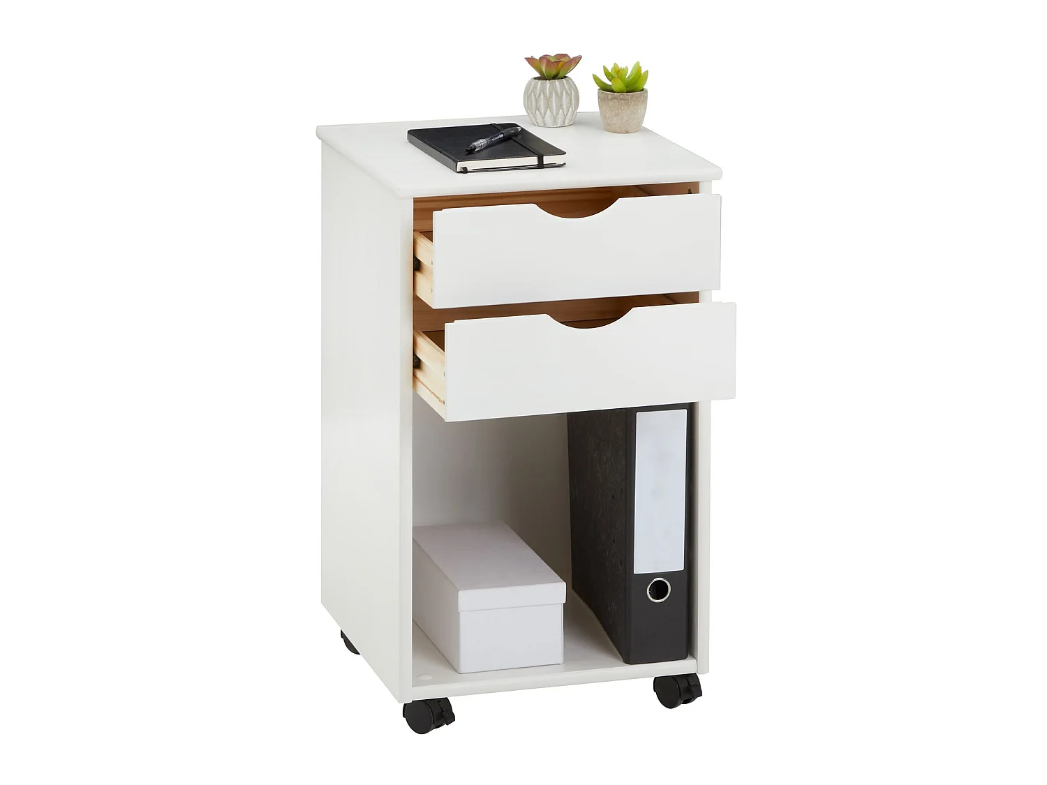 Caisson de bureau KANO, meuble de rangement sur roulettes avec 2 tiroirs et 1 niche, en pin massif lasuré blanc