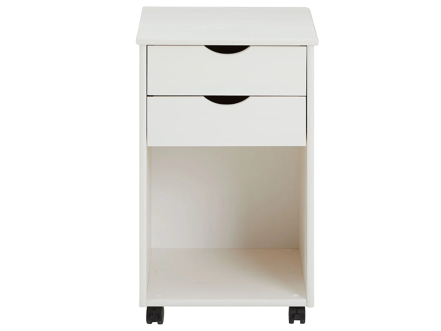 Caisson de bureau KANO, meuble de rangement sur roulettes avec 2 tiroirs et 1 niche, en pin massif lasuré blanc