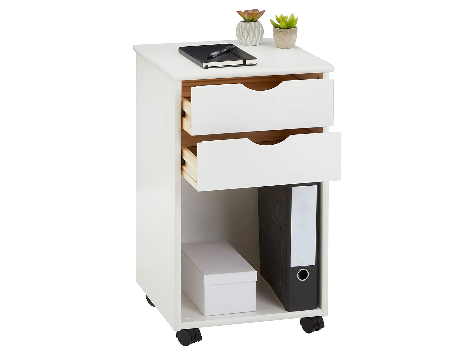 Caisson de bureau KANO, meuble de rangement sur roulettes avec 2 tiroirs et 1 niche, en pin massif lasuré blanc