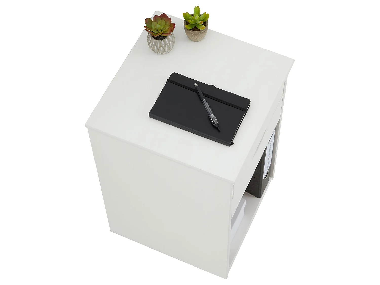 Caisson de bureau KANO, meuble de rangement sur roulettes avec 2 tiroirs et 1 niche, en pin massif lasuré blanc