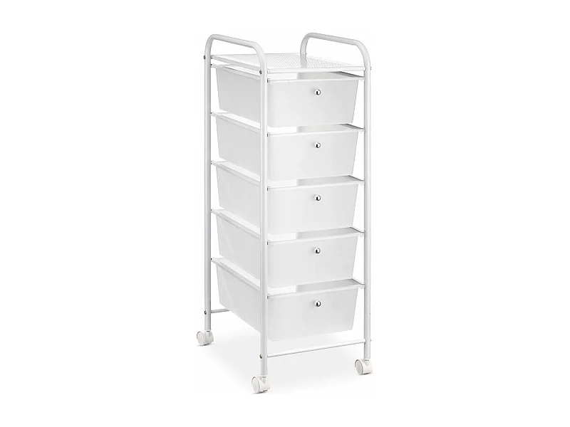 Caisson sur roulettes GINA chariot avec 5 tiroirs blanc transparent et 1 étagère, rangement salle de bain métal blanc