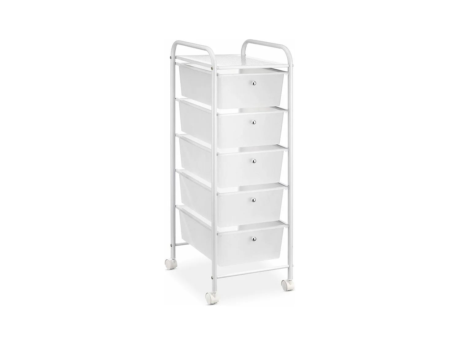 Caisson sur roulettes GINA chariot avec 5 tiroirs blanc transparent et 1 étagère, rangement salle de bain métal blanc