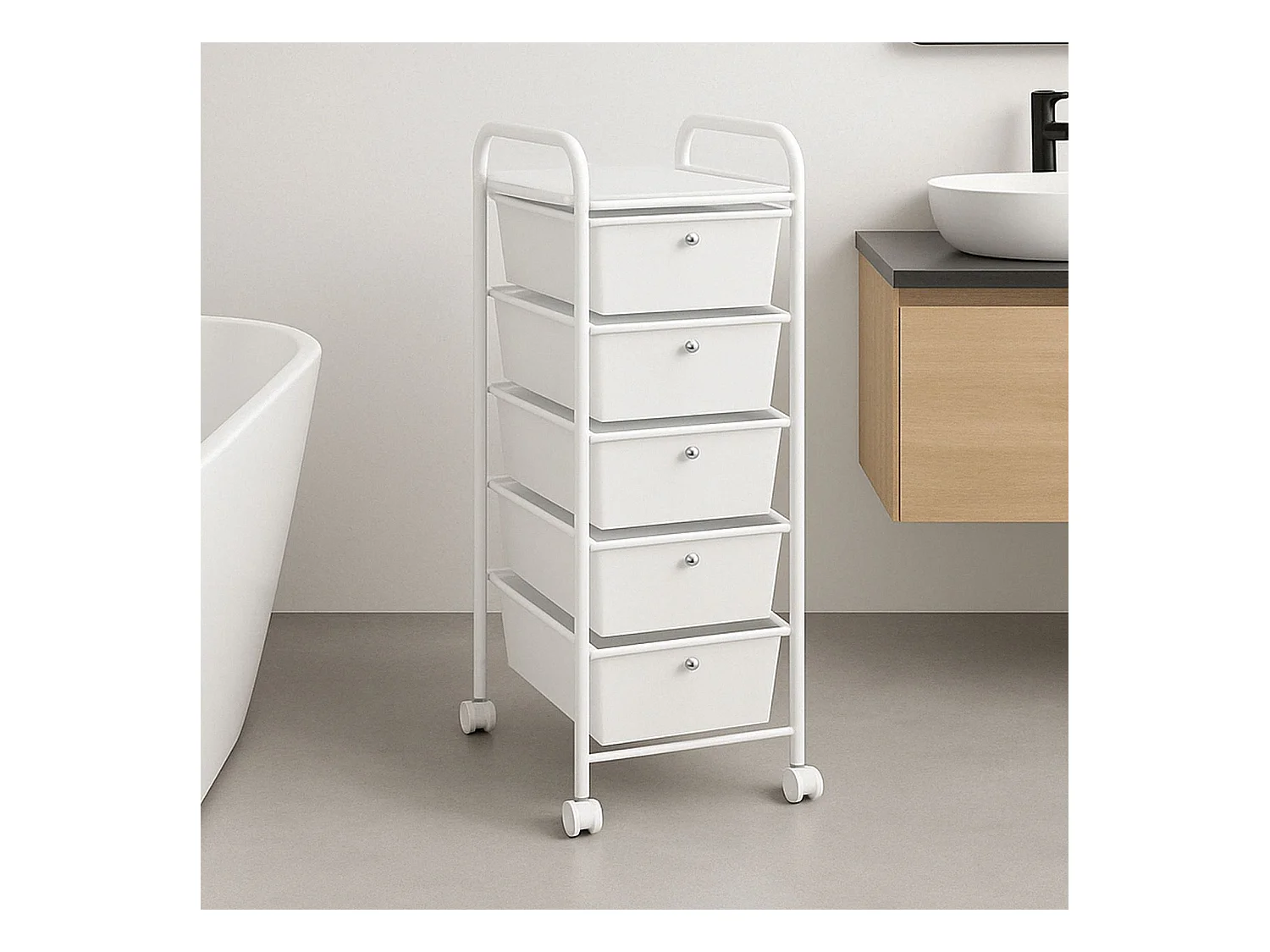 Caisson sur roulettes GINA chariot avec 5 tiroirs blanc transparent et 1 étagère, rangement salle de bain métal blanc