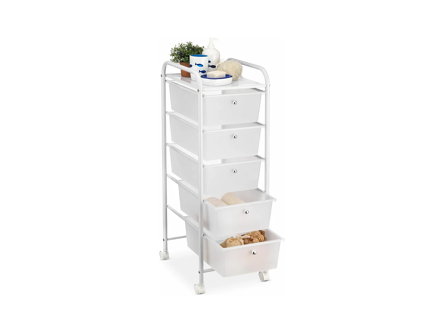 Caisson sur roulettes GINA chariot avec 5 tiroirs blanc transparent et 1 étagère, rangement salle de bain métal blanc