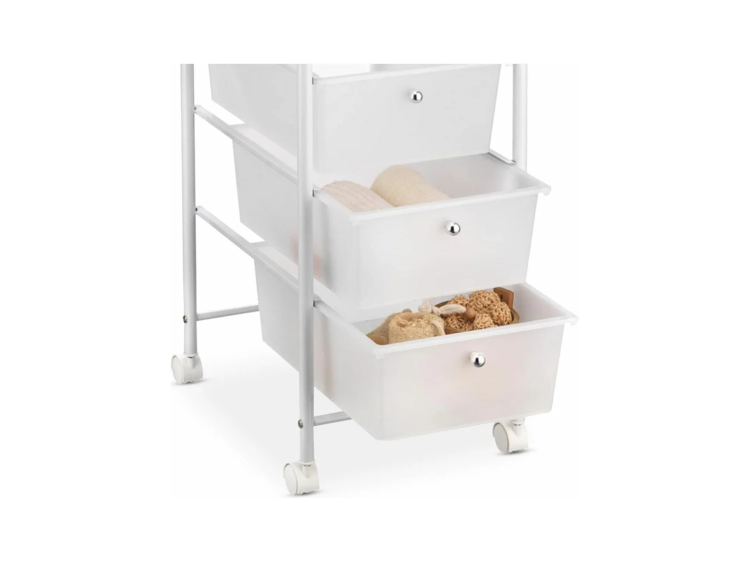 Caisson sur roulettes GINA chariot avec 5 tiroirs blanc transparent et 1 étagère, rangement salle de bain métal blanc