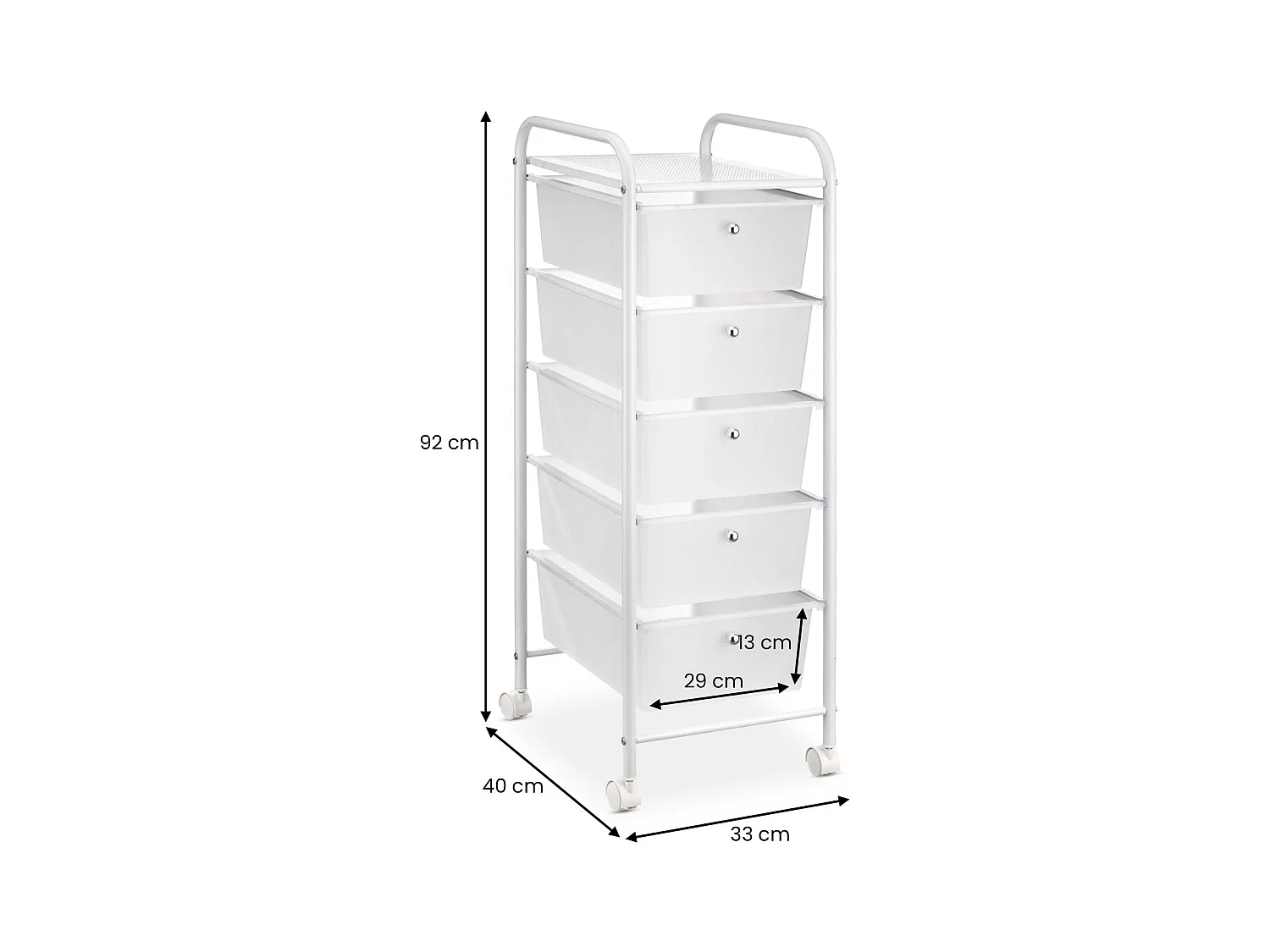 Caisson sur roulettes GINA chariot avec 5 tiroirs blanc transparent et 1 étagère, rangement salle de bain métal blanc