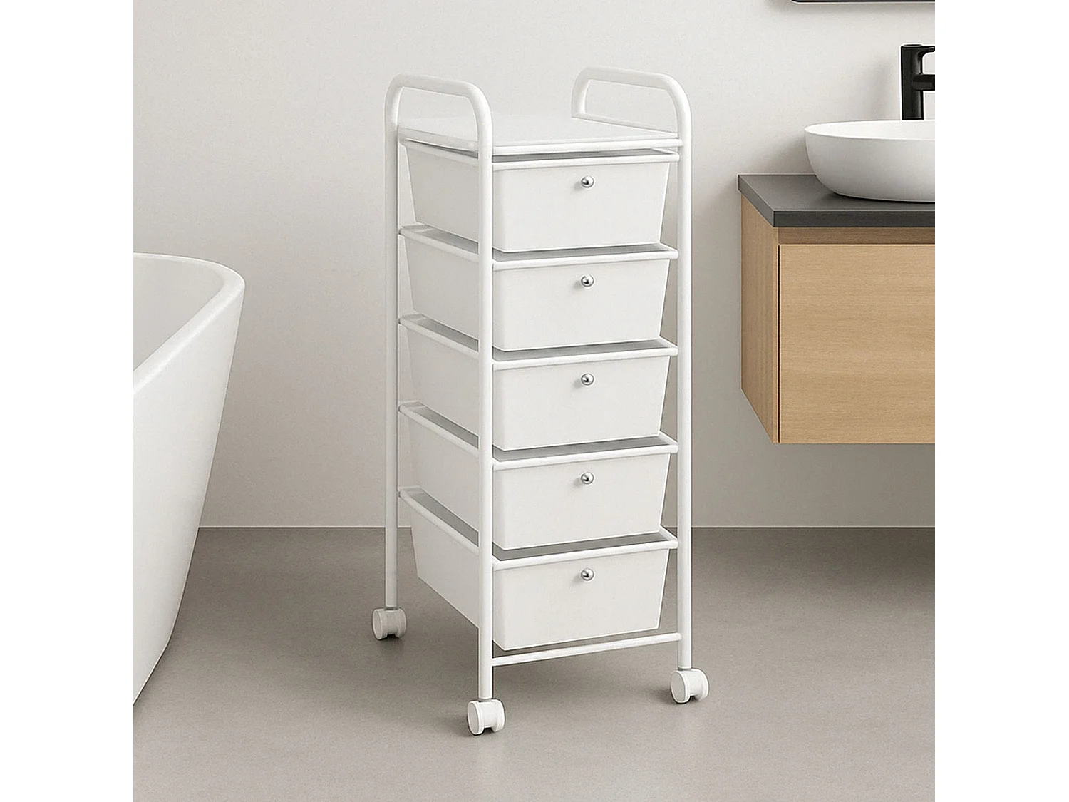 Caisson sur roulettes GINA chariot avec 5 tiroirs blanc transparent et 1 étagère, rangement salle de bain métal blanc
