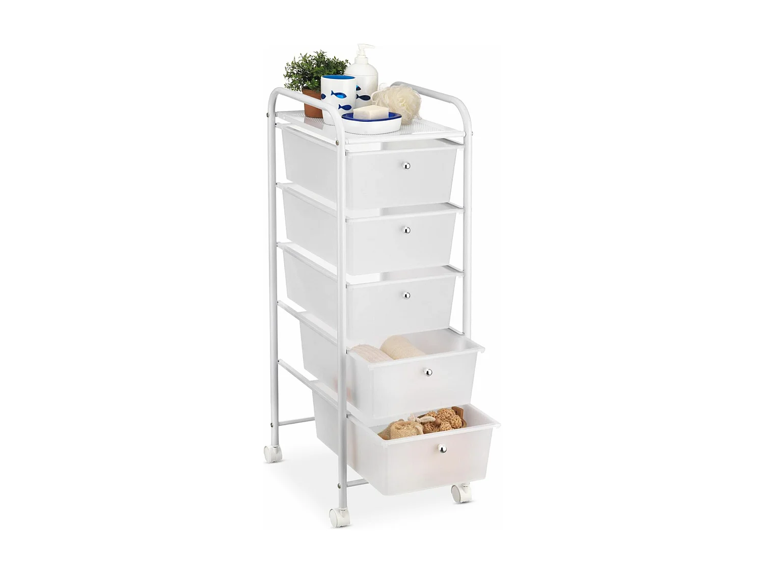 Caisson sur roulettes GINA chariot avec 5 tiroirs blanc transparent et 1 étagère, rangement salle de bain métal blanc