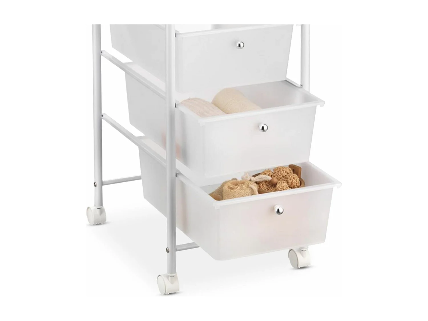 Caisson sur roulettes GINA chariot avec 5 tiroirs blanc transparent et 1 étagère, rangement salle de bain métal blanc