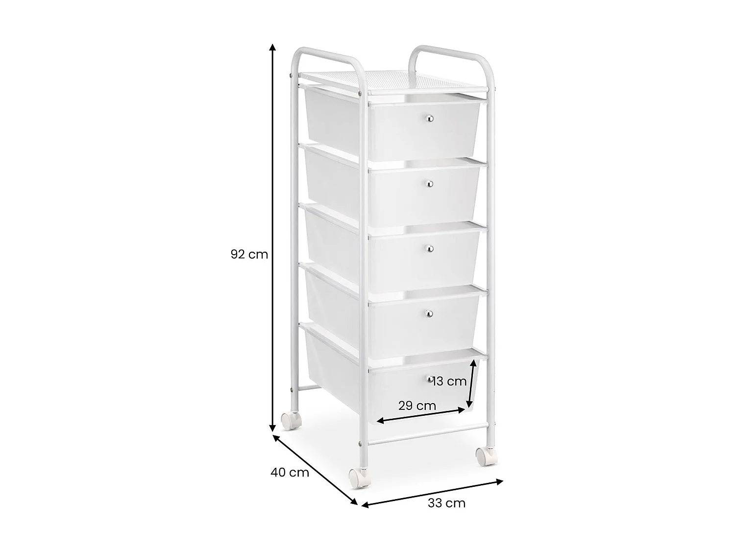 Caisson sur roulettes GINA chariot avec 5 tiroirs blanc transparent et 1 étagère, rangement salle de bain métal blanc