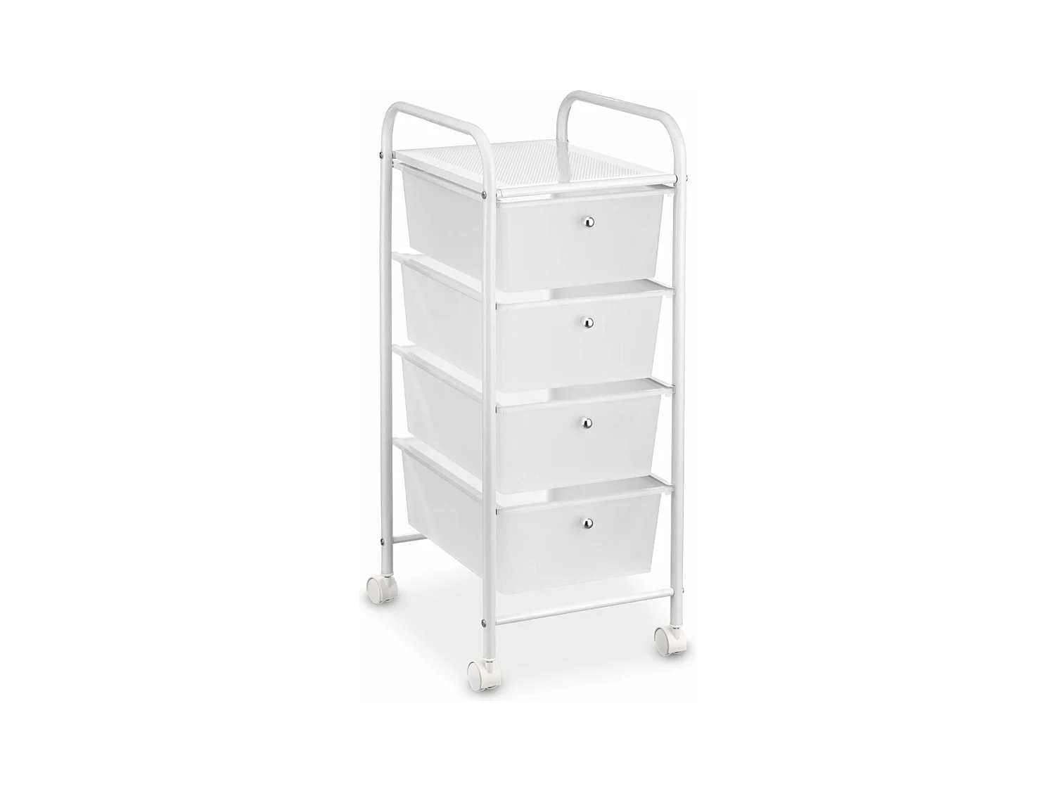Caisson sur roulettes GINA chariot avec 4 tiroirs en plastique blanc transparent et 1 étagère, rangement salle de bain métal blanc