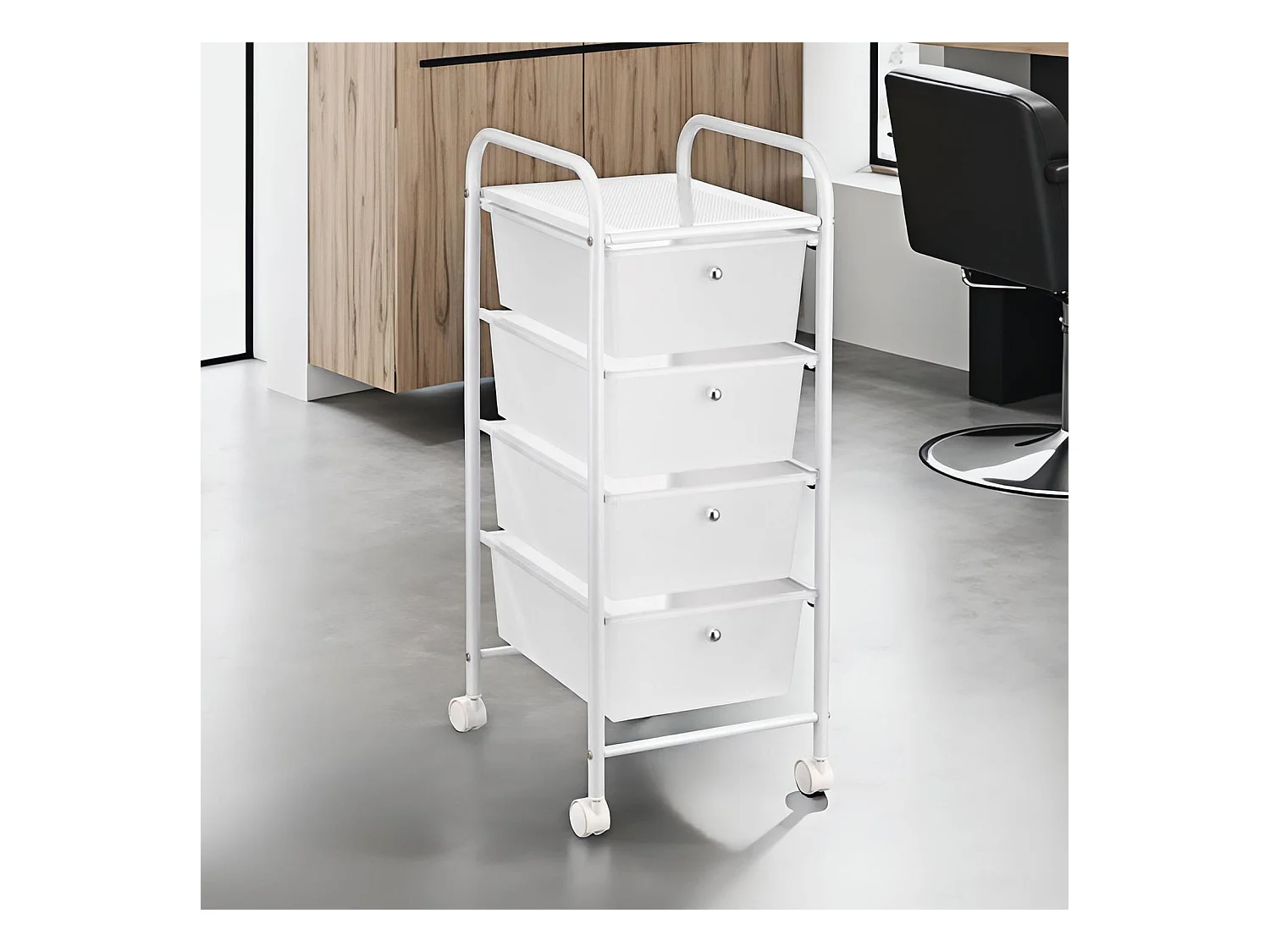 Caisson sur roulettes GINA chariot avec 4 tiroirs en plastique blanc transparent et 1 étagère, rangement salle de bain métal blanc