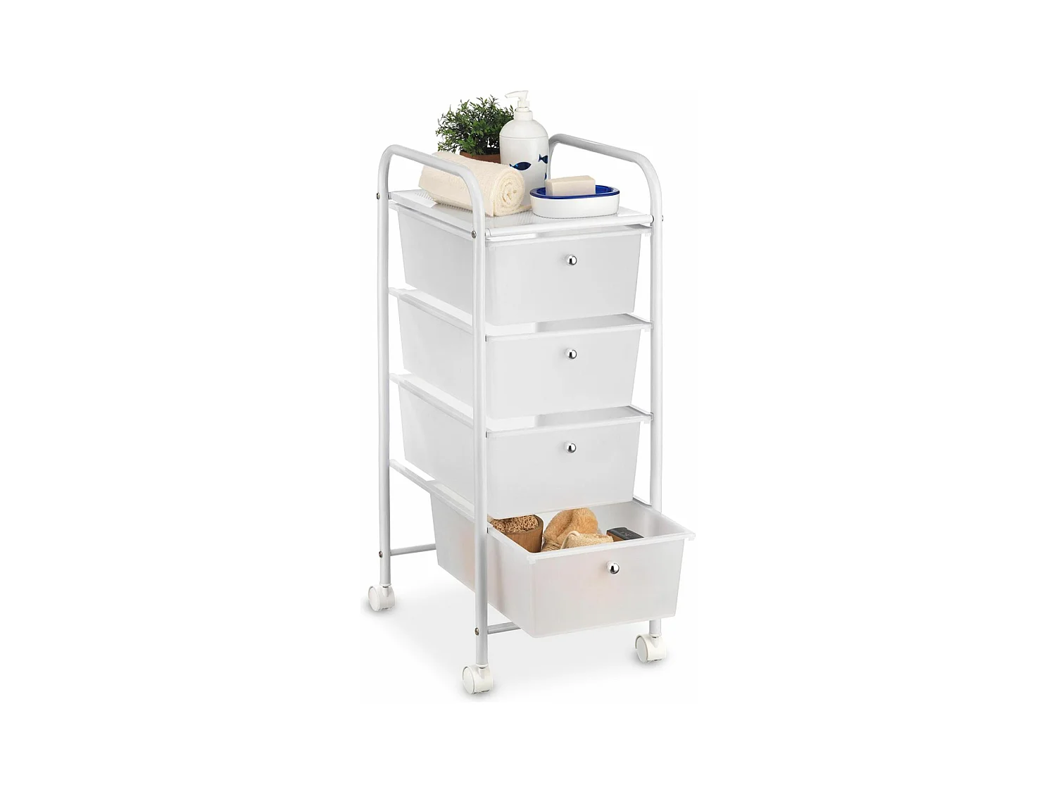 Caisson sur roulettes GINA chariot avec 4 tiroirs en plastique blanc transparent et 1 étagère, rangement salle de bain métal blanc