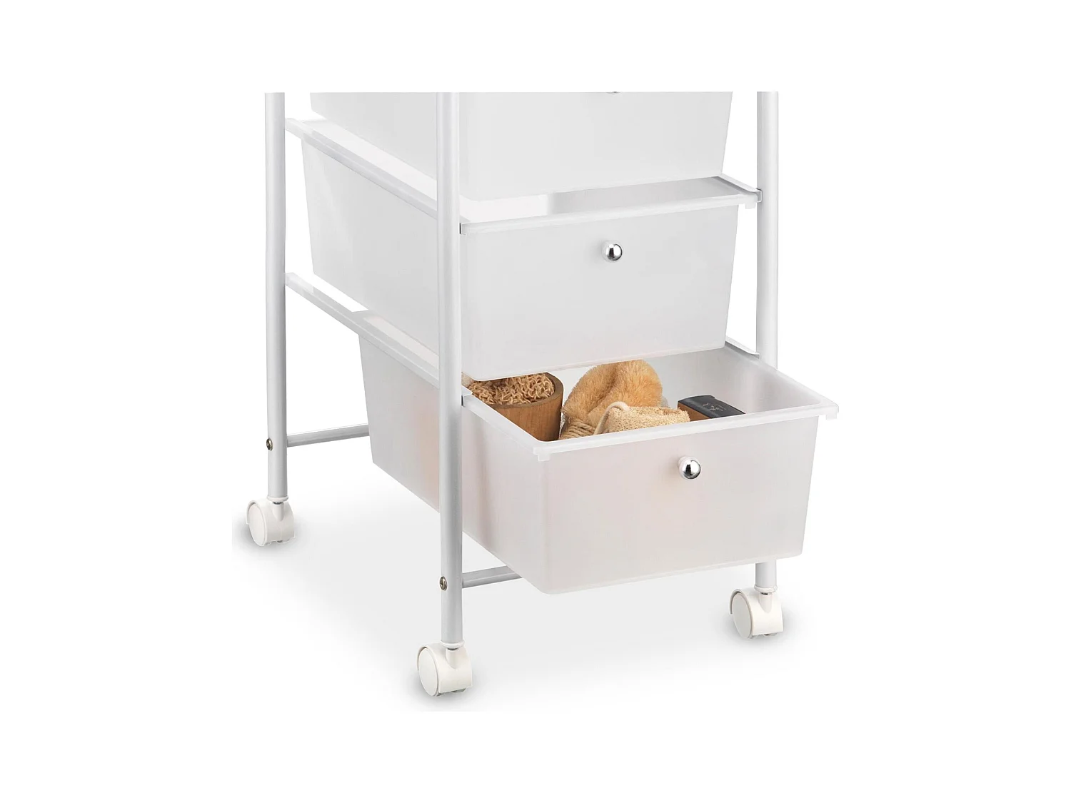 Caisson sur roulettes GINA chariot avec 4 tiroirs en plastique blanc transparent et 1 étagère, rangement salle de bain métal blanc